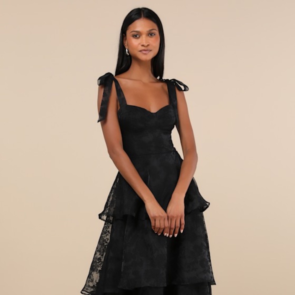 Lulus Glamorous Sweetie Black Burnout Tie-strap Bustier Midi Dress - Size XL